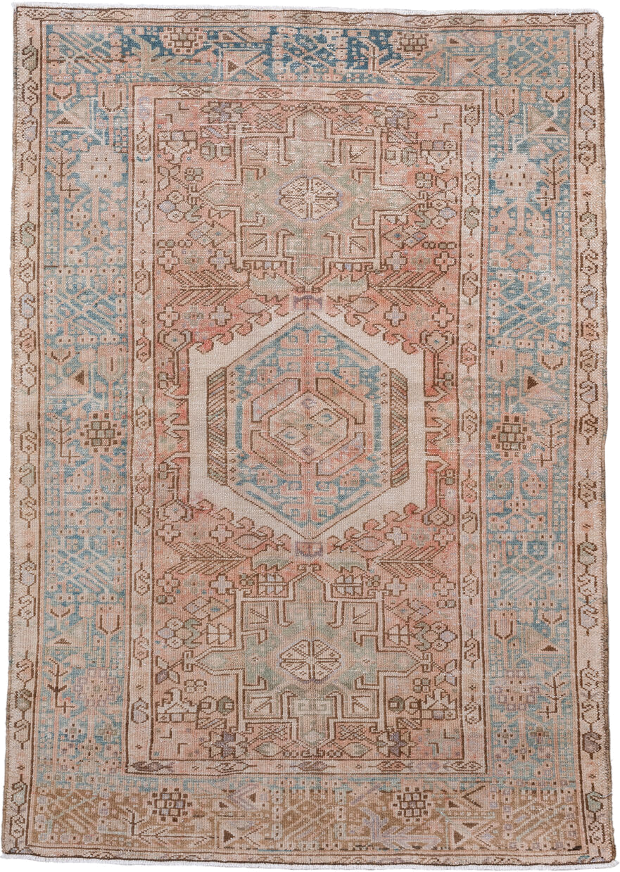 3' x 5' one-of-a-kind handmade antique Karaje small size rug. Color palette: ivory, blush, sky blue, taupe, camel, rose