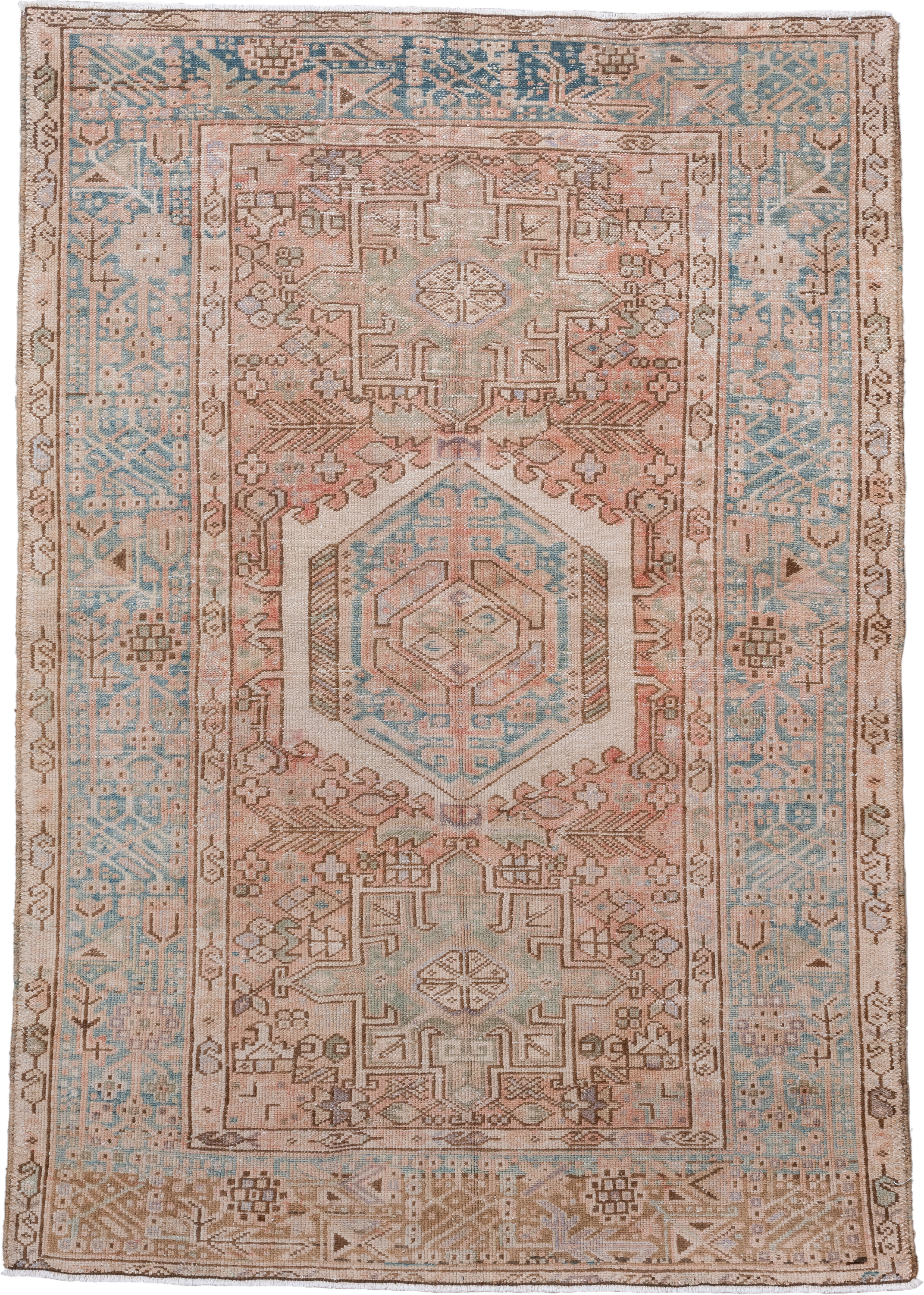 3' x 5' one-of-a-kind handmade antique Karaje small size rug. Color palette: ivory, blush, sky blue, taupe, camel, rose