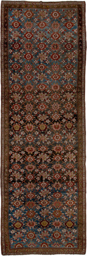 5' x 16' one-of-a-kind handmade vintage Varamin rug. Color palette: blue, rust, ivory, rose, gold, brown, charcoal