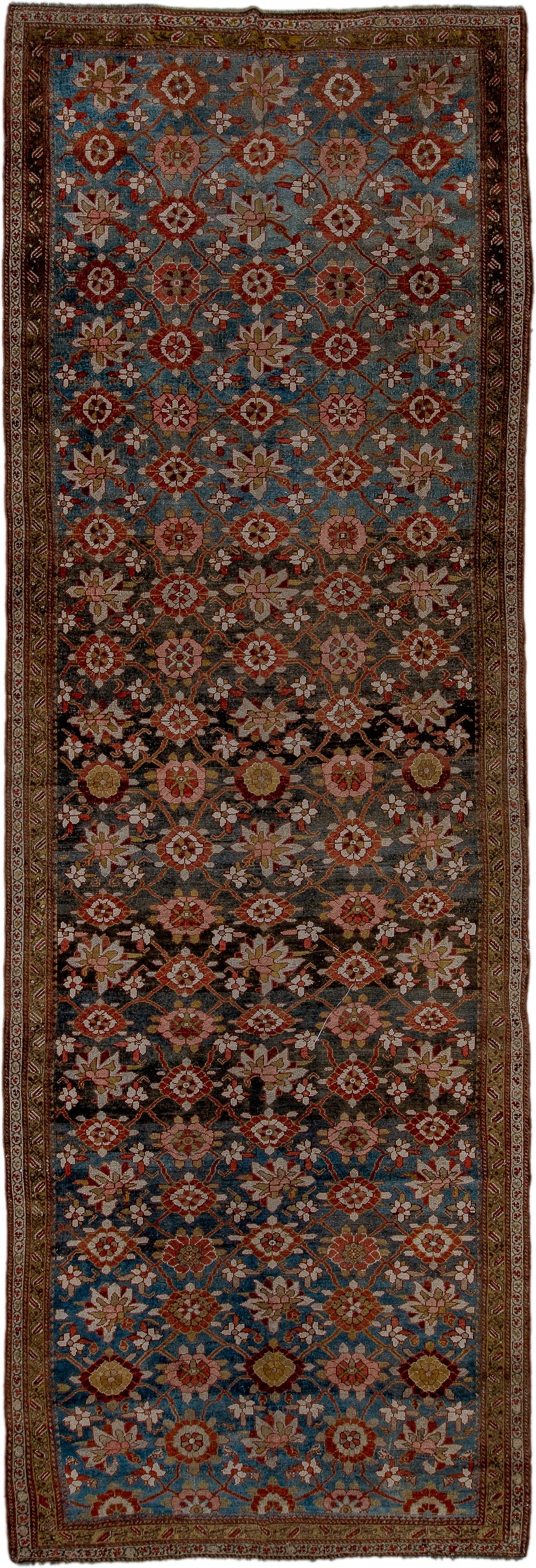 5' x 16' one-of-a-kind handmade vintage Varamin rug. Color palette: blue, rust, ivory, rose, gold, brown, charcoal