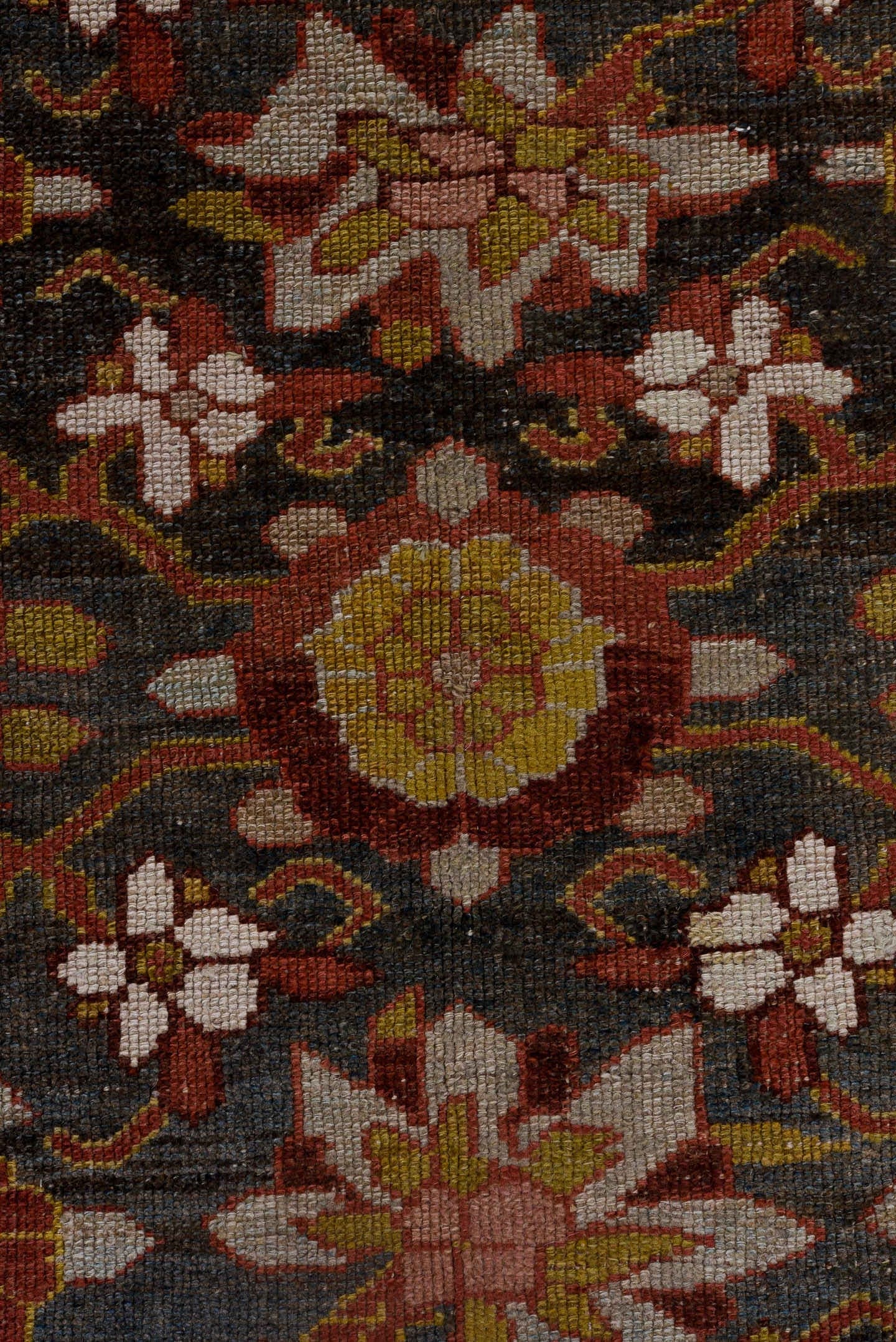 5' x 16' one-of-a-kind handmade vintage Varamin rug. Color palette: blue, rust, ivory, rose, gold, brown, charcoal