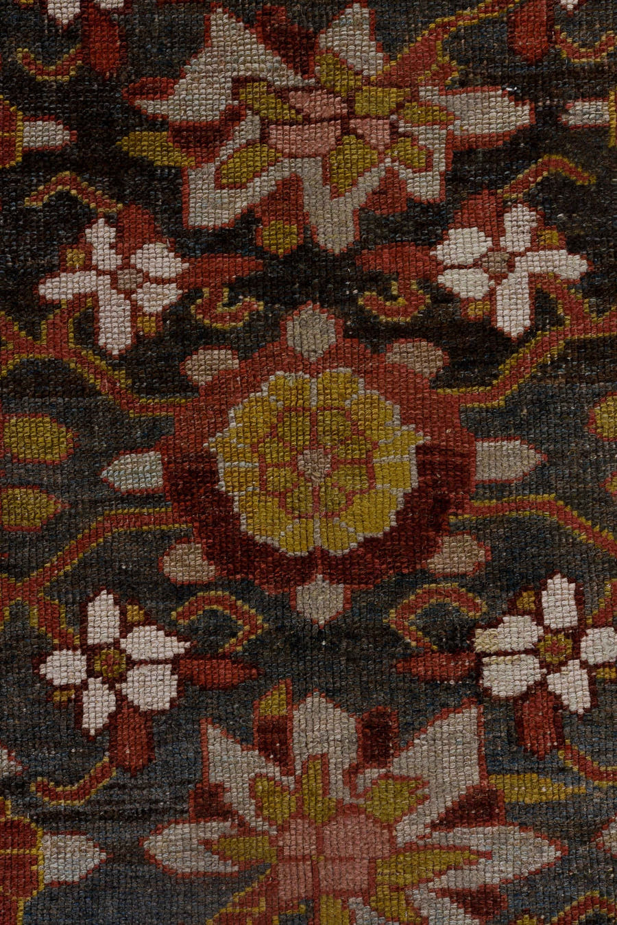 5' x 16' one-of-a-kind handmade vintage Varamin rug. Color palette: blue, rust, ivory, rose, gold, brown, charcoal