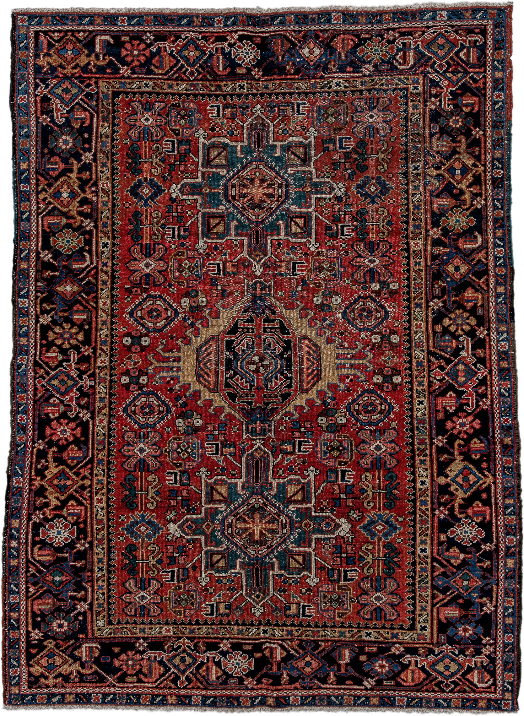 4' x 6' one-of-a-kind handmade vintage Karaje small size rug. Color palette: rust, navy, ivory, sky_blue, camel, rose