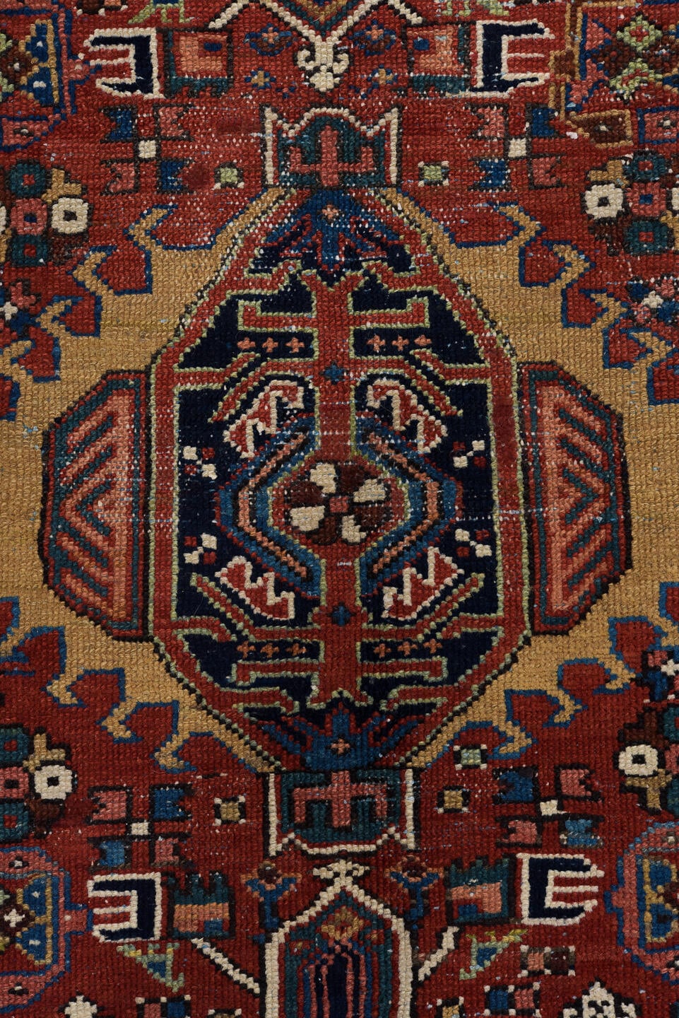 4' x 6' one-of-a-kind handmade vintage Karaje small size rug. Color palette: rust, navy, ivory, sky_blue, camel, rose