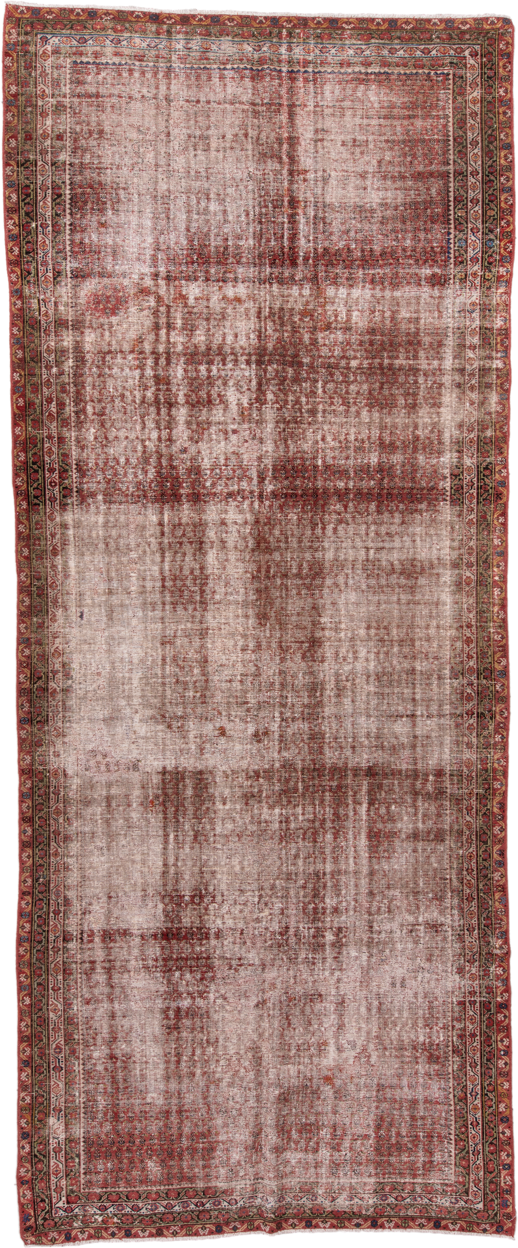 6' x 16' one-of-a-kind handmade antique Saraband rug. Color palette: rose, ivory, rust, terra cotta, taupe, charcoal, sage