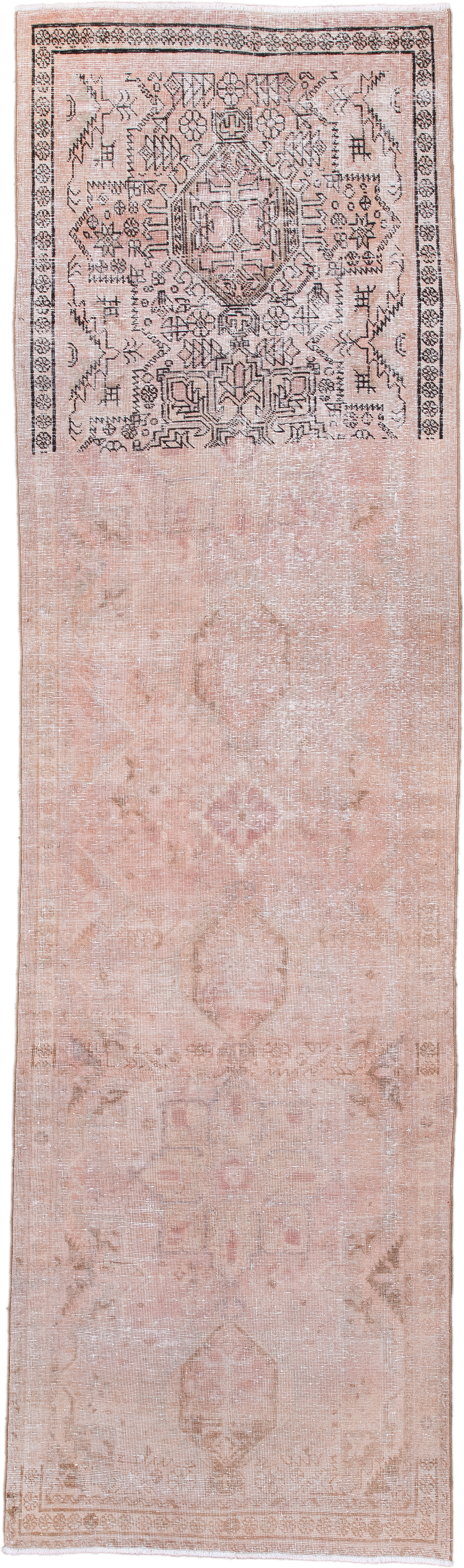 3' x 10' one-of-a-kind handmade antique Sarab runner rug. Color palette: blush, ivory, taupe, brown, rose, pink, beige, gray