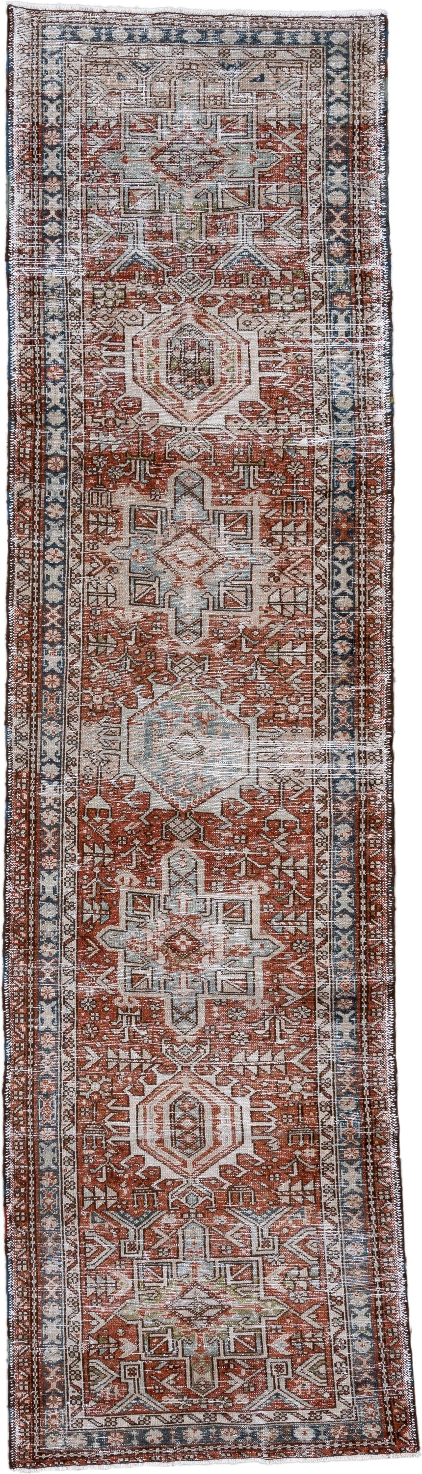 2' x 10' one-of-a-kind handmade antique Karaje runner rug. Color palette: rust, ivory, blue, brown, taupe, sage, terracotta