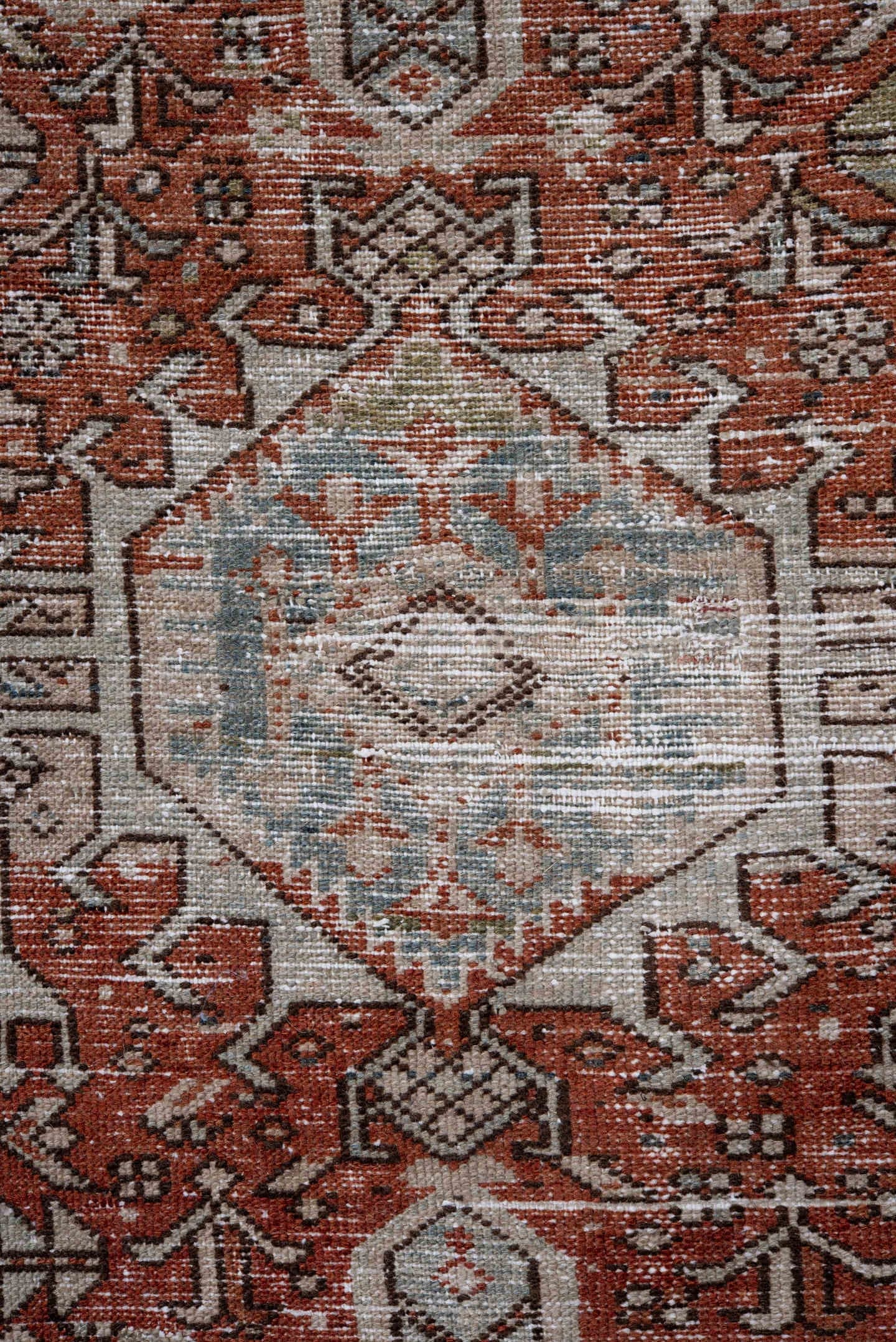 2' x 10' one-of-a-kind handmade antique Karaje runner rug. Color palette: rust, ivory, blue, brown, taupe, sage, terracotta