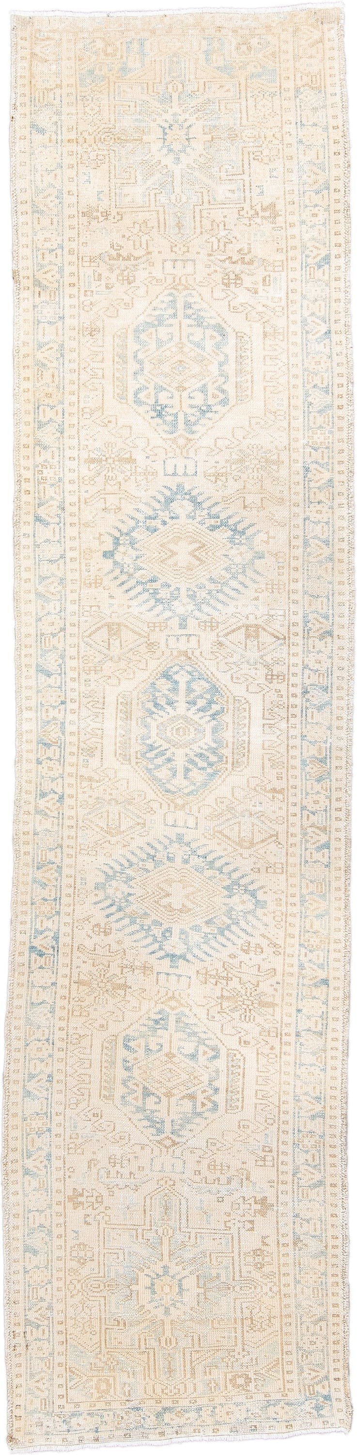 2' x 11' one-of-a-kind handmade antique Karaje runner rug. Color palette: ivory, pale blue, beige, cream, taupe, light blue