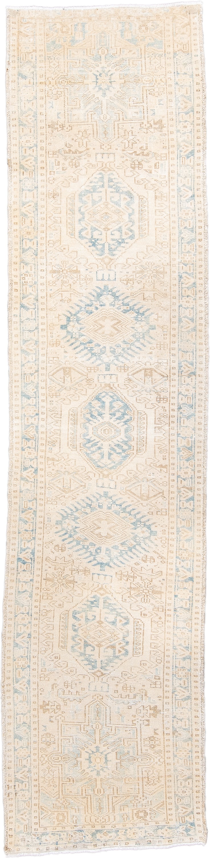 2' x 11' one-of-a-kind handmade antique Karaje runner rug. Color palette: ivory, pale blue, beige, cream, taupe, light blue