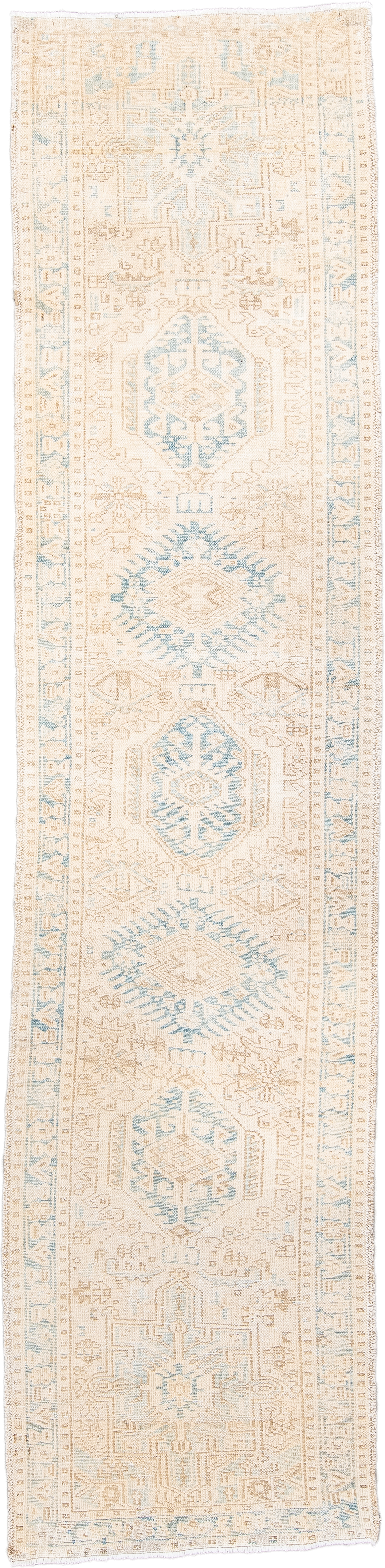 2' x 11' one-of-a-kind handmade antique Karaje runner rug. Color palette: ivory, pale blue, beige, cream, taupe, light blue