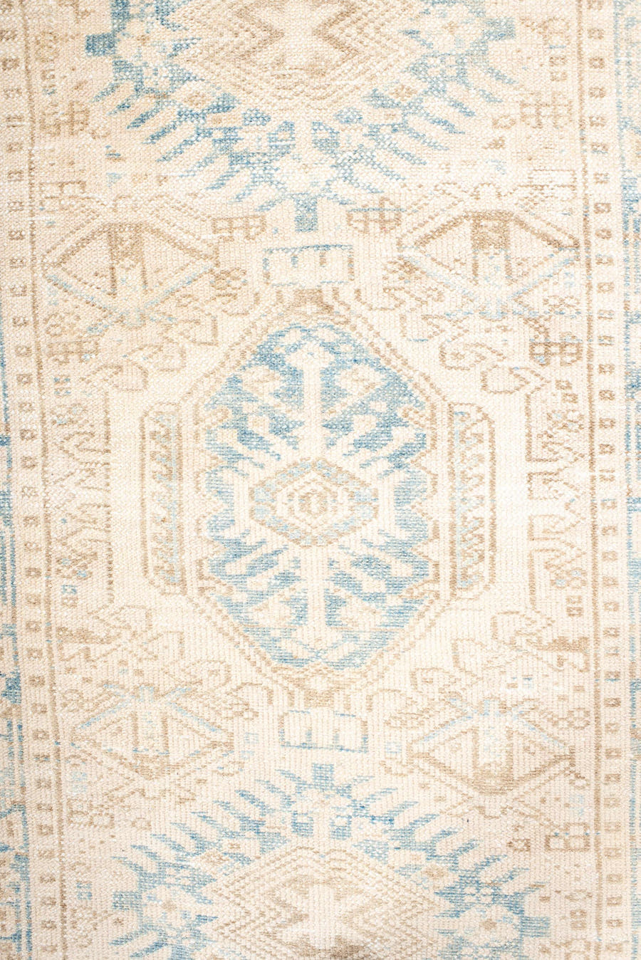 2' x 11' one-of-a-kind handmade antique Karaje runner rug. Color palette: ivory, pale blue, beige, cream, taupe, light blue