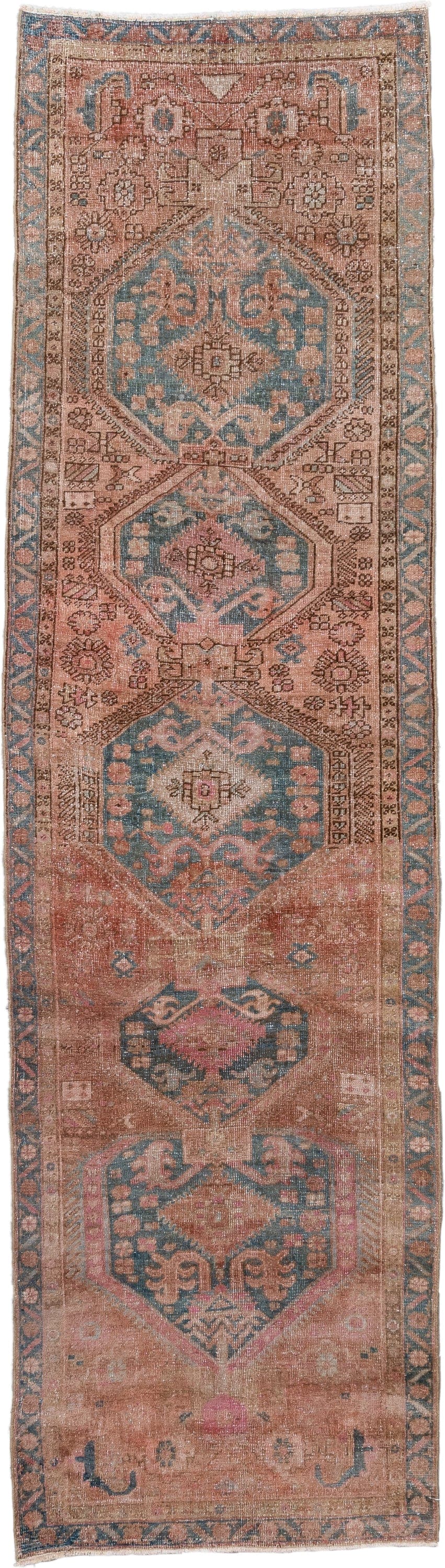2' x 10' one-of-a-kind handmade antique Sarab runner rug. Color palette: rose, dusty blue, terracotta, ivory, taupe