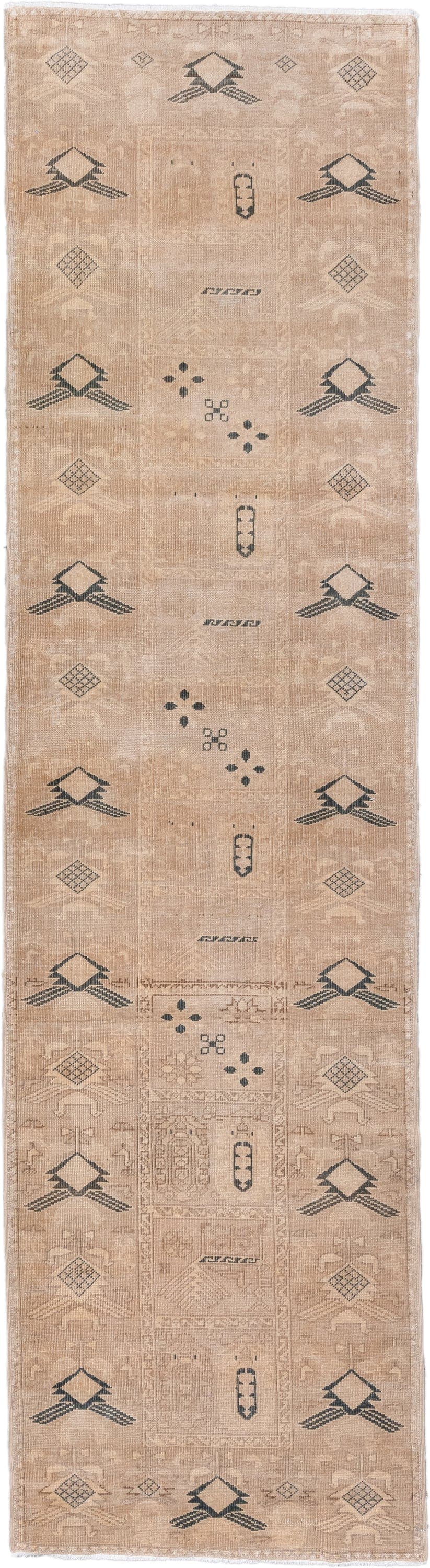 2' x 10' one-of-a-kind handmade antique Oushak runner rug. Color palette: camel, ivory, taupe, charcoal, beige, gray, black