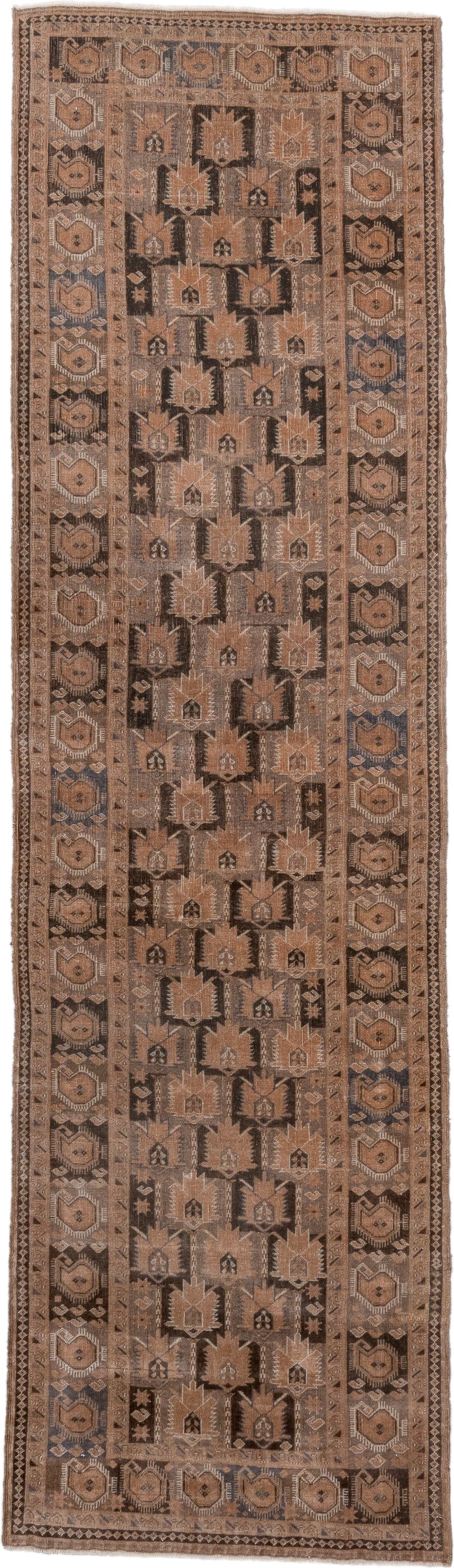 2' x 9' one-of-a-kind handmade antique Belouch runner rug. Color palette: camel, brown, taupe, charcoal, ivory, slate, beige
