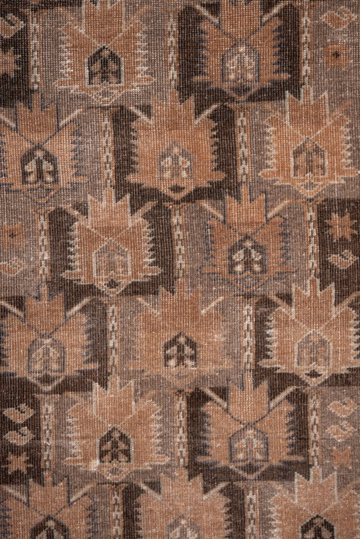 2' x 9' one-of-a-kind handmade antique Belouch runner rug. Color palette: camel, brown, taupe, charcoal, ivory, slate, beige