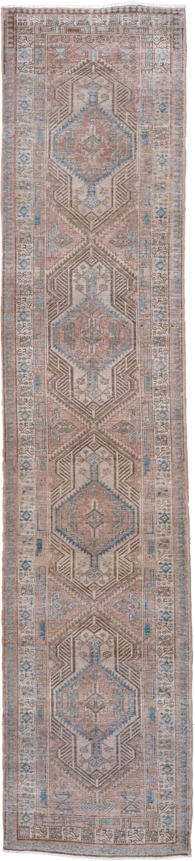 3' x 14' one-of-a-kind handmade antique Sarab runner rug. Color palette: camel, ivory, pale blue, taupe, brown, beige