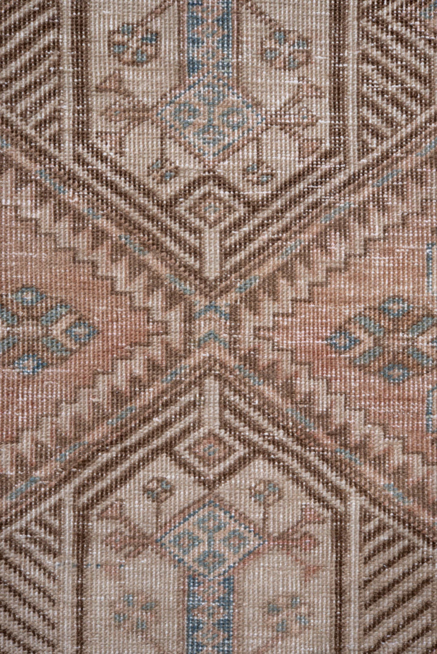 3' x 14' one-of-a-kind handmade antique Sarab runner rug. Color palette: camel, ivory, pale blue, taupe, brown, beige