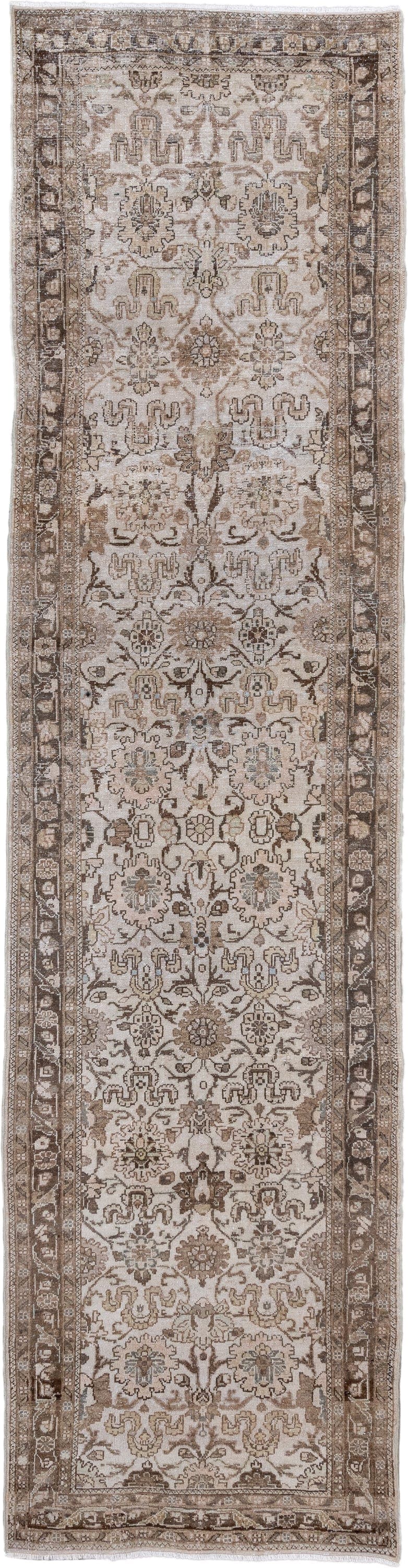 2' x 11' one-of-a-kind handmade antique Dargazin runner rug. Color palette: ivory, taupe, brown, beige, camel, greige, gray