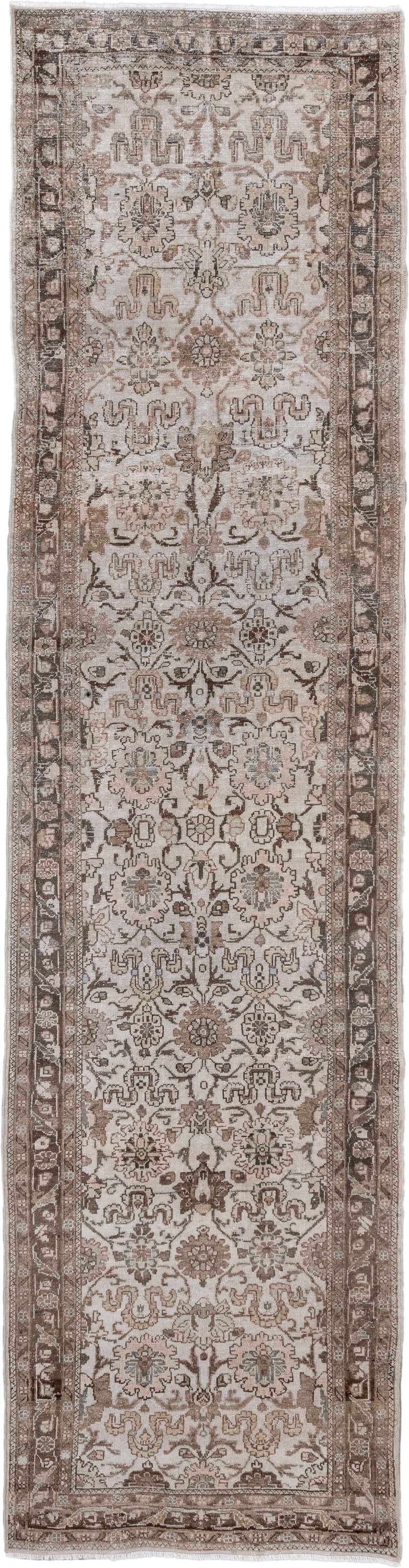 2' x 11' one-of-a-kind handmade antique Dargazin runner rug. Color palette: ivory, taupe, brown, beige, camel, greige, gray