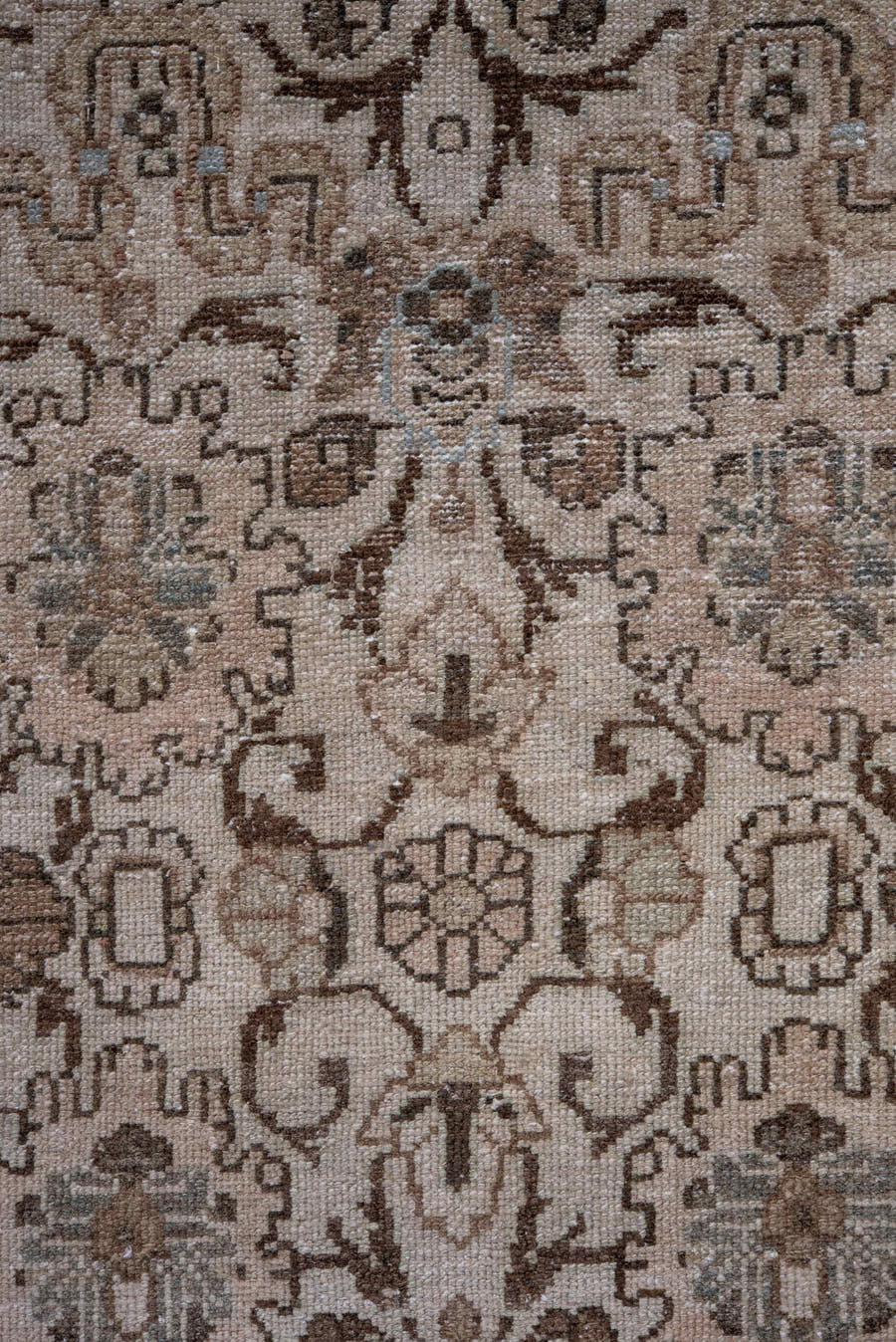 2' x 11' one-of-a-kind handmade antique Dargazin runner rug. Color palette: ivory, taupe, brown, beige, camel, greige, gray