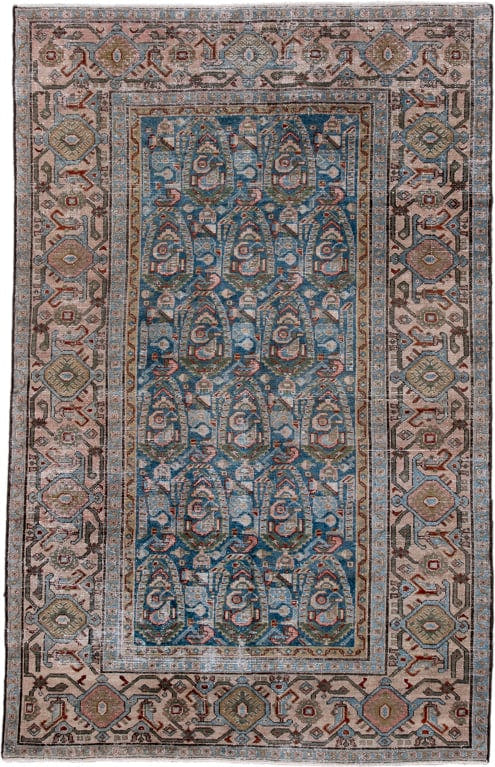 4' x 6' one-of-a-kind handmade antique Malayer small size rug. Color palette: sky blue, ivory, taupe, rust, slate, sage