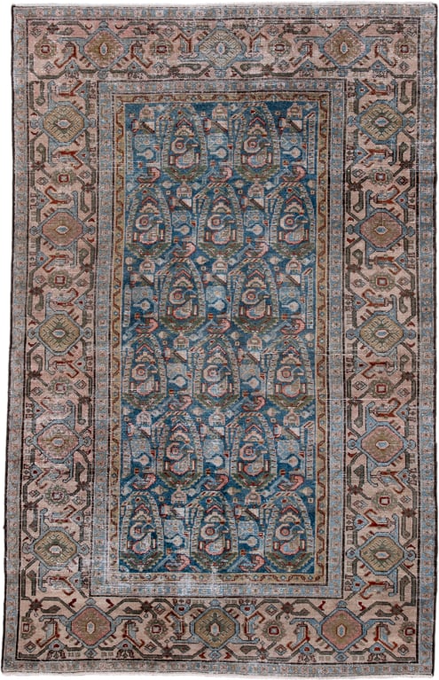 4' x 6' one-of-a-kind handmade antique Malayer small size rug. Color palette: sky blue, ivory, taupe, rust, slate, sage