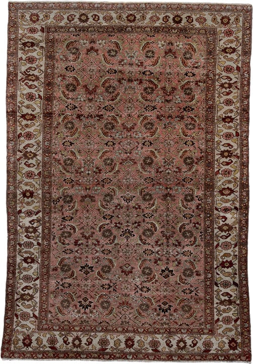 4' x 6' one-of-a-kind handmade antique Malayer small size rug. Color palette: rose, ivory, burgundy, camel, charcoal, taupe