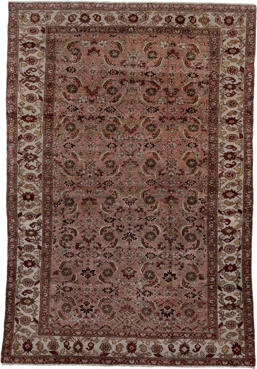 4' x 6' one-of-a-kind handmade antique Malayer small size rug. Color palette: rose, ivory, burgundy, camel, charcoal, taupe