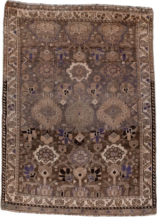 3' x 4' one-of-a-kind handmade antique Karabagh small size rug. Color palette: brown, taupe, ivory, charcoal, slate, violet