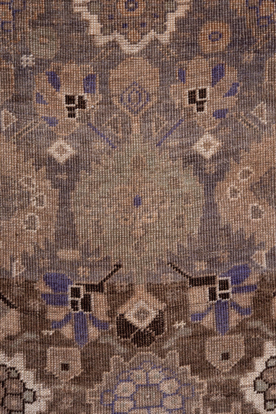 3' x 4' one-of-a-kind handmade antique Karabagh small size rug. Color palette: brown, taupe, ivory, charcoal, slate, violet