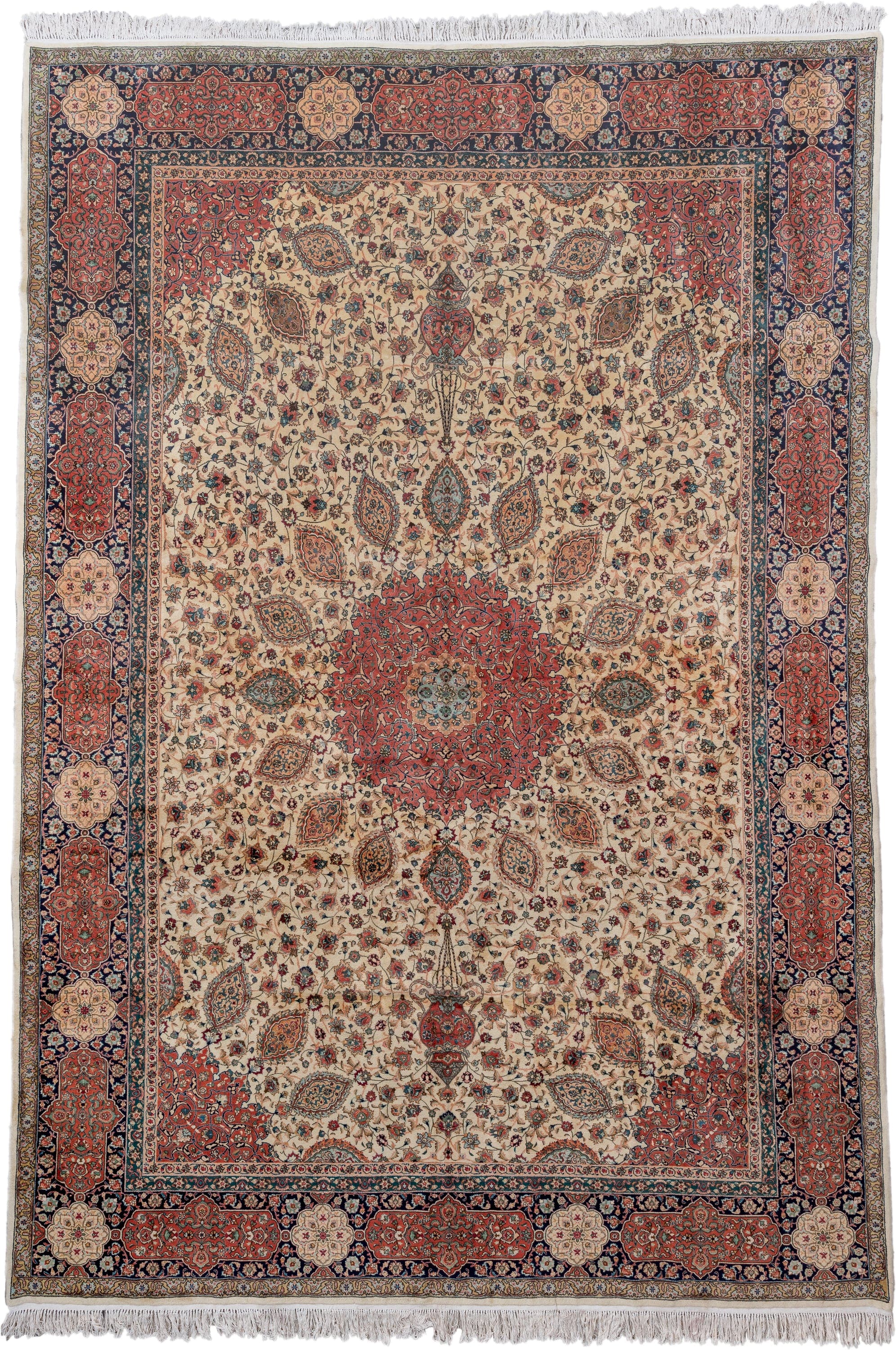 11' x 16' one-of-a-kind handmade antique Tabriz oversize rug. Color palette: ivory, navy, rust, rose, soft blue, camel, sage