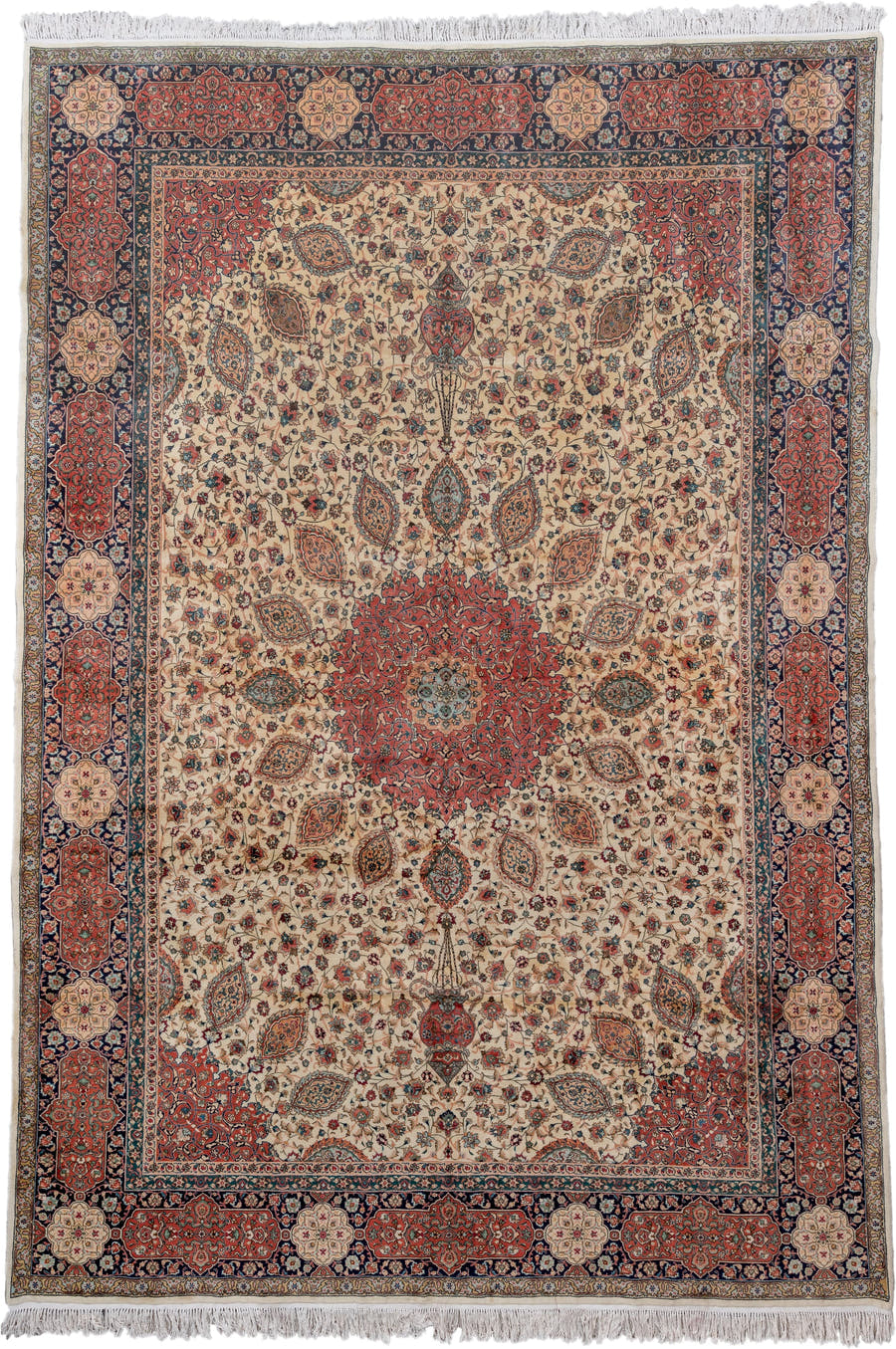11' x 16' one-of-a-kind handmade antique Tabriz oversize rug. Color palette: ivory, navy, rust, rose, soft blue, camel, sage