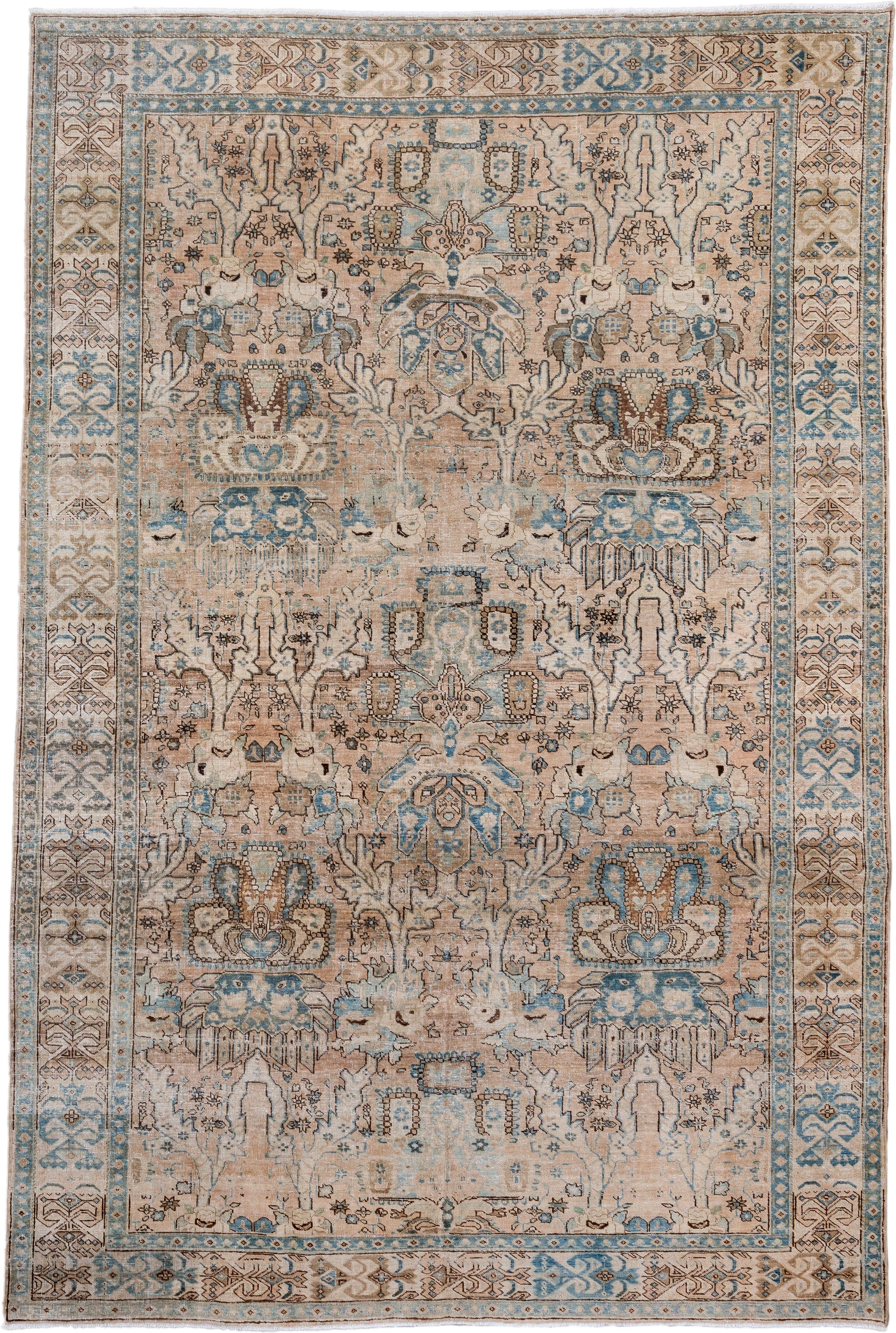 7' x 10' one-of-a-kind handmade antique Ardebil large size rug. Color palette: ivory, beige, sky blue, taupe, brown, camel