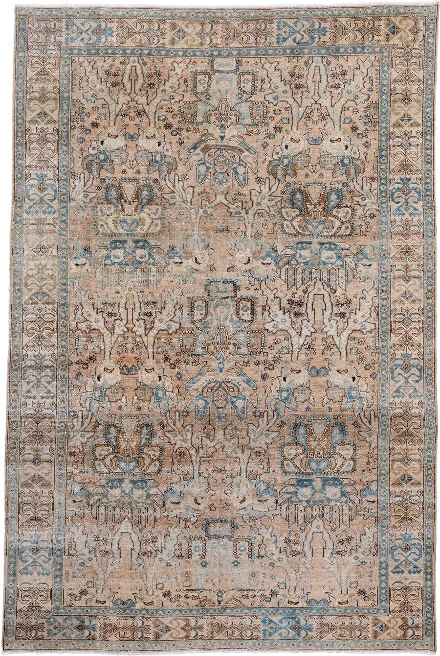 7' x 10' one-of-a-kind handmade antique Ardebil large size rug. Color palette: ivory, beige, sky blue, taupe, brown, camel