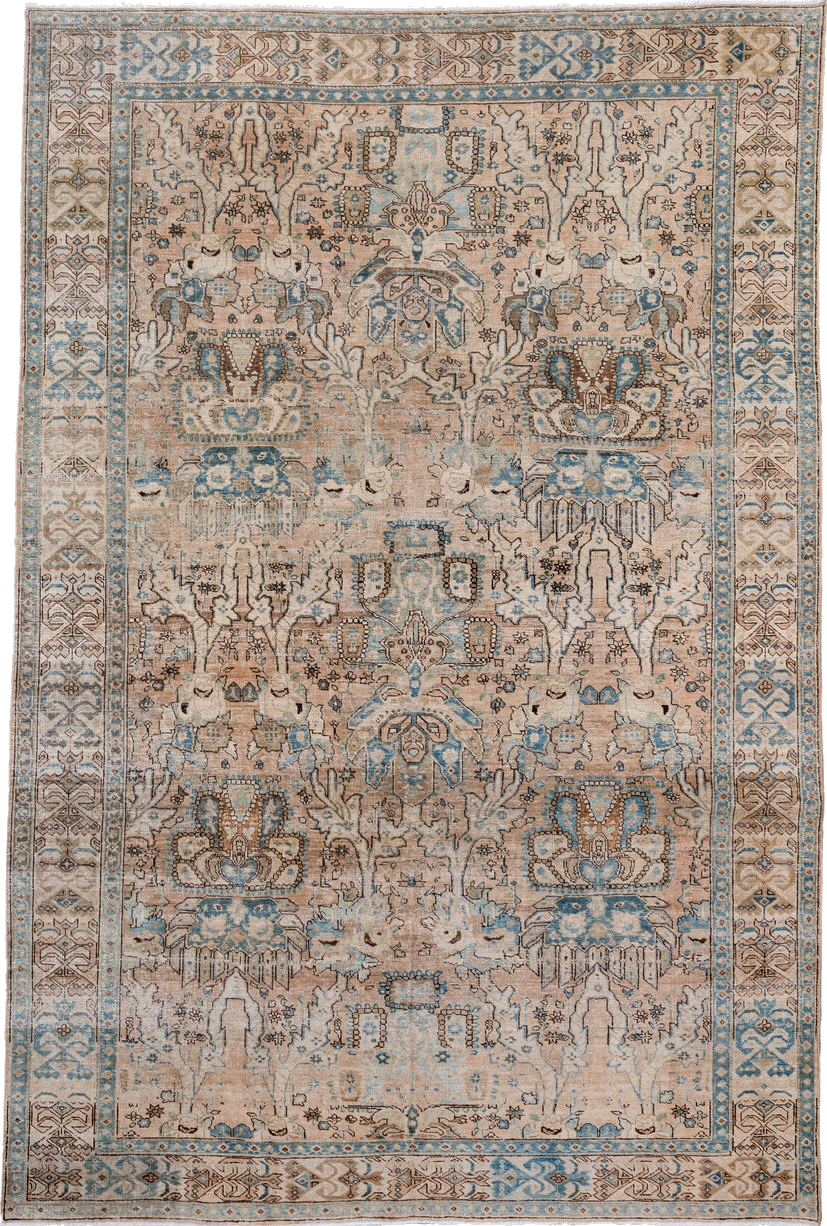 7' x 10' one-of-a-kind handmade vintage Ardebil large size rug. Color palette: black, blue, brown, charcoal, gray