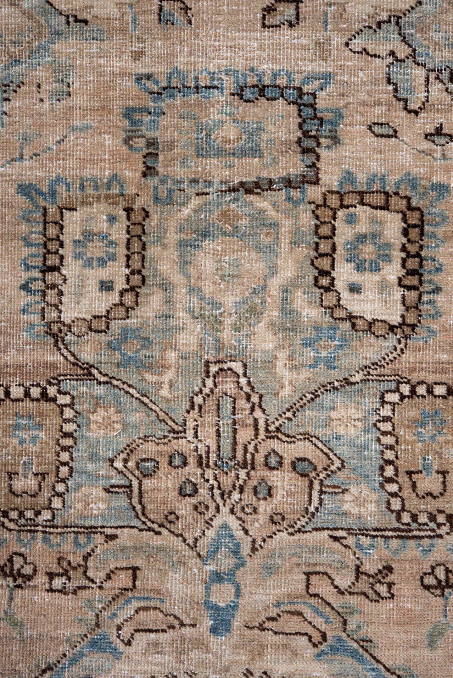 7' x 10' one-of-a-kind handmade antique Ardebil large size rug. Color palette: ivory, beige, sky blue, taupe, brown, camel