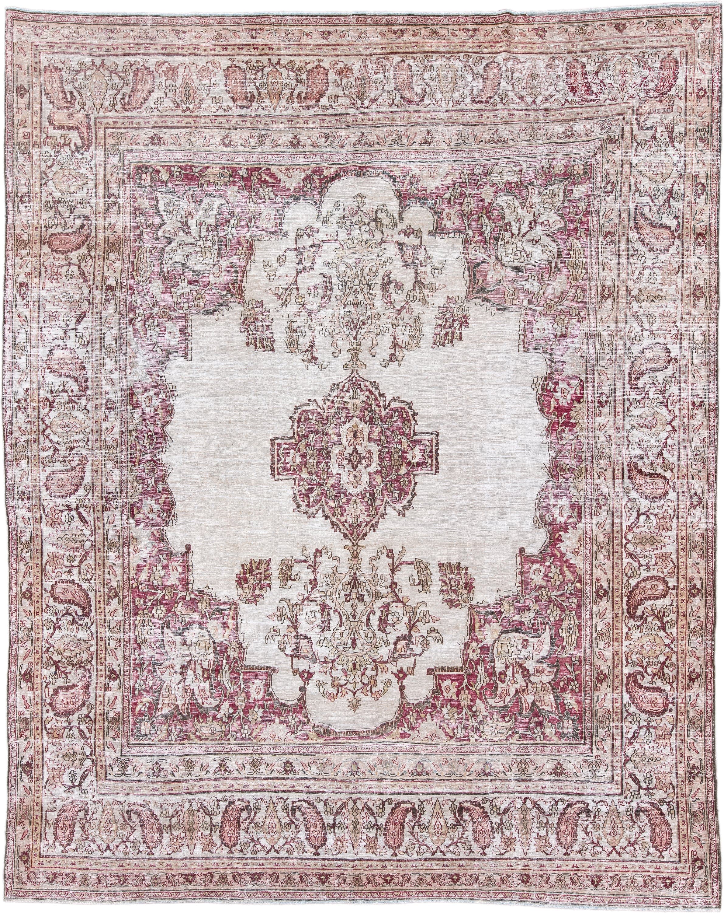 9' x 11' one-of-a-kind handmade antique Khorassan large size rug. Color palette: ivory, rose, taupe, dusty pink, beige