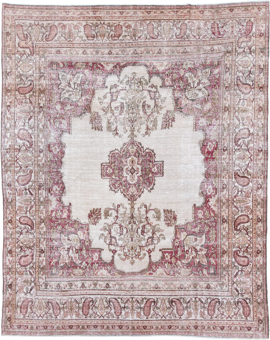 9' x 11' one-of-a-kind handmade antique Khorassan large size rug. Color palette: ivory, rose, taupe, dusty pink, beige
