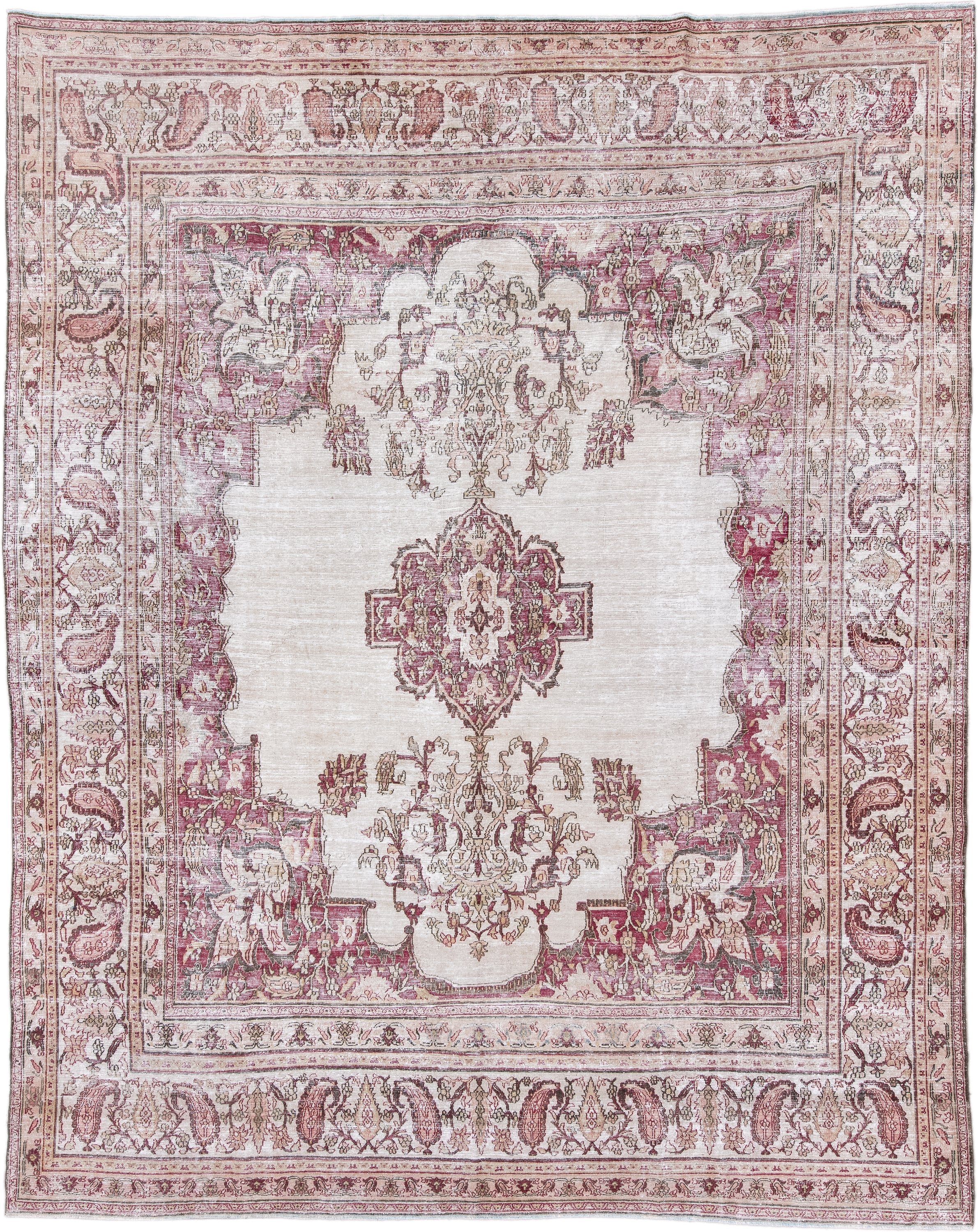 9' x 11' one-of-a-kind handmade antique Khorassan large size rug. Color palette: ivory, rose, taupe, dusty pink, beige