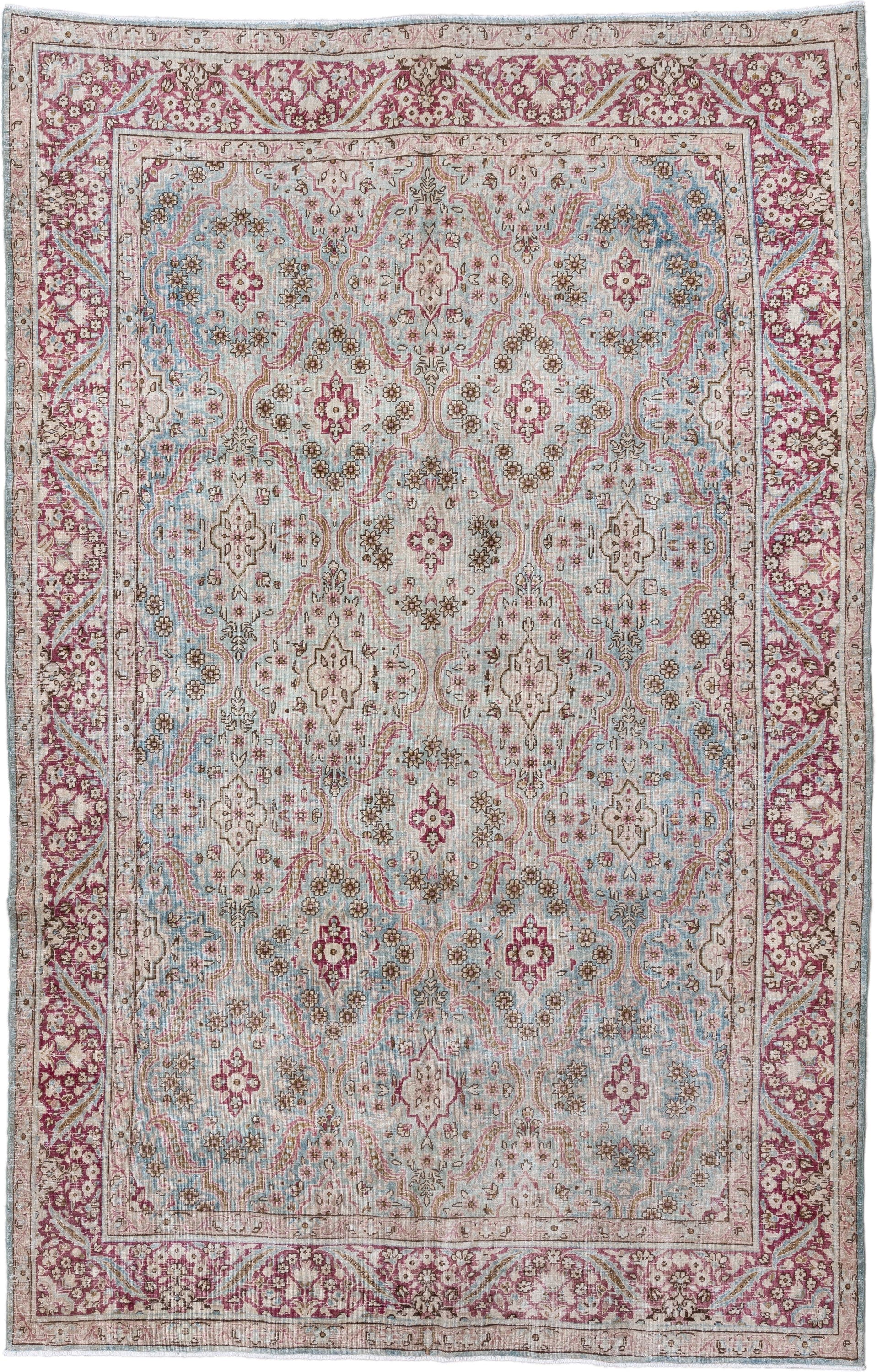 6' x 9' one-of-a-kind handmade antique Hereke medium size rug. Color palette: pale blue, rose, ivory, burgundy, taupe, camel