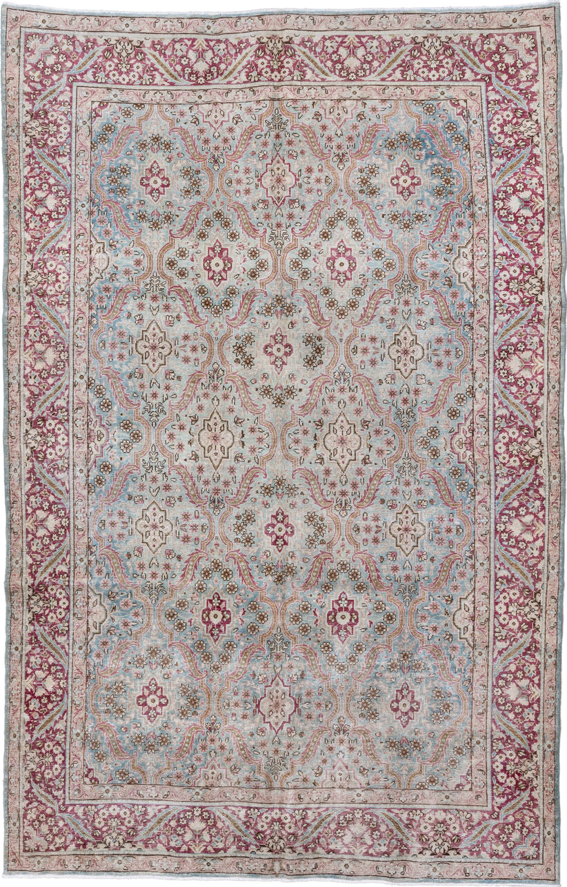 6' x 9' one-of-a-kind handmade vintage Kerman medium size rug. Color palette: brown, dim gray, gainsboro, gray, light gray