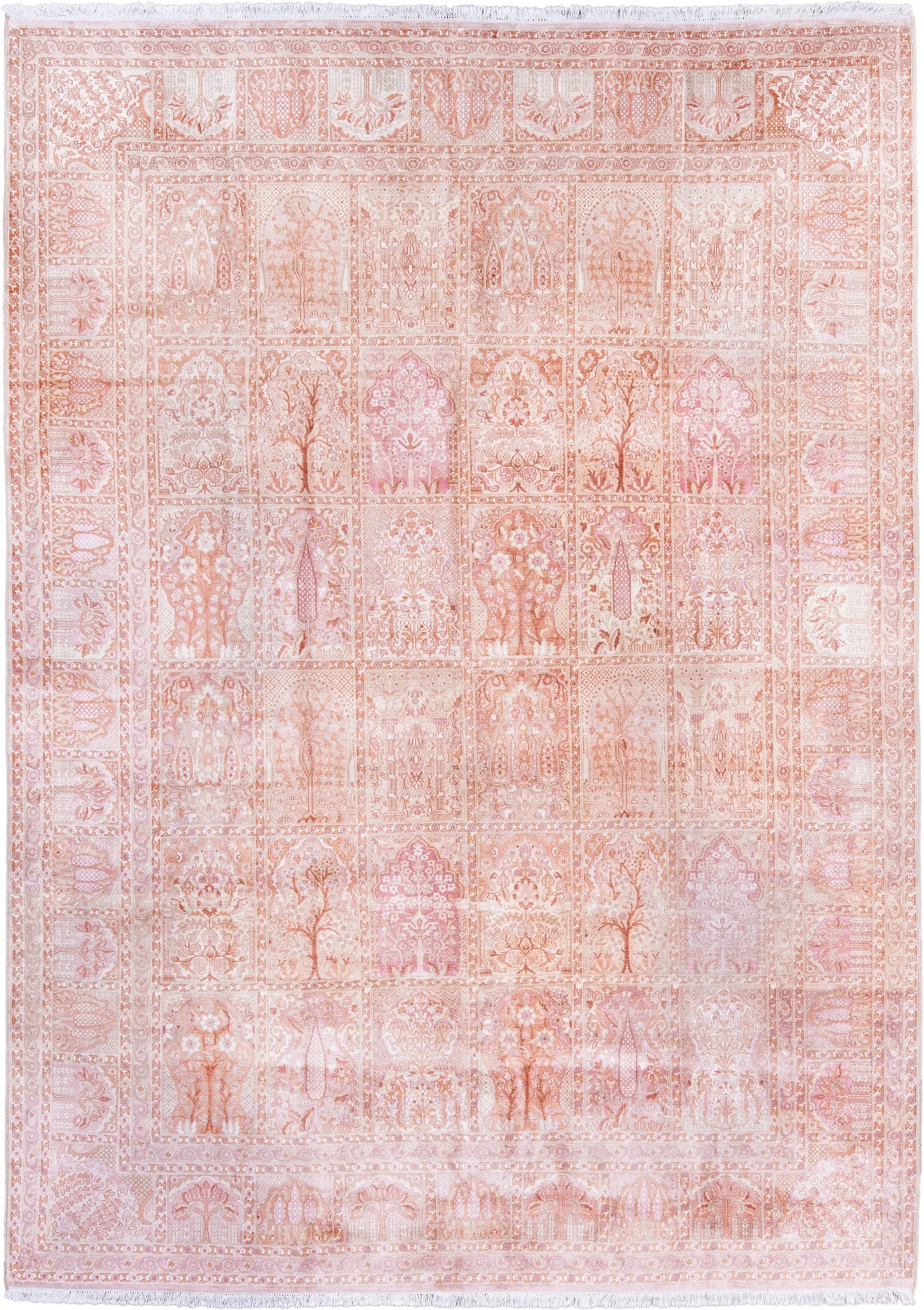7' x 9' one-of-a-kind handmade antique Kashmir rug. Color palette: ivory, blush, rose, peach, salmon, taupe, pink, red