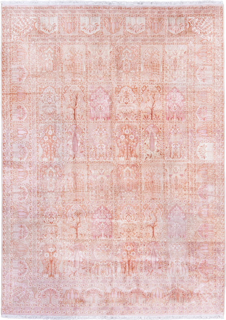 7' x 9' one-of-a-kind handmade antique Kashmir rug. Color palette: ivory, blush, rose, peach, salmon, taupe, pink, red