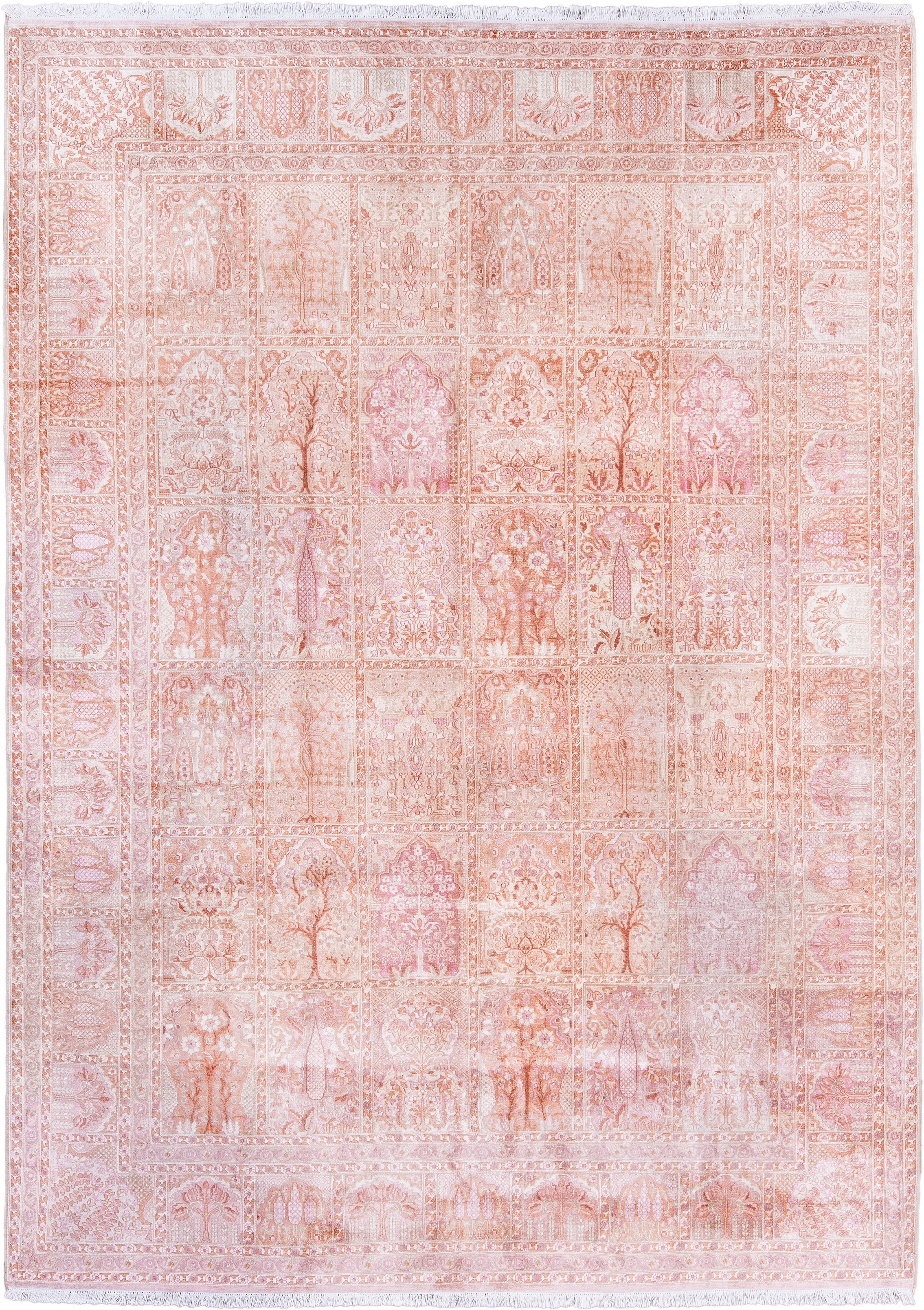 7' x 9' one-of-a-kind handmade antique Kashmir rug. Color palette: ivory, blush, rose, peach, salmon, taupe, pink, red