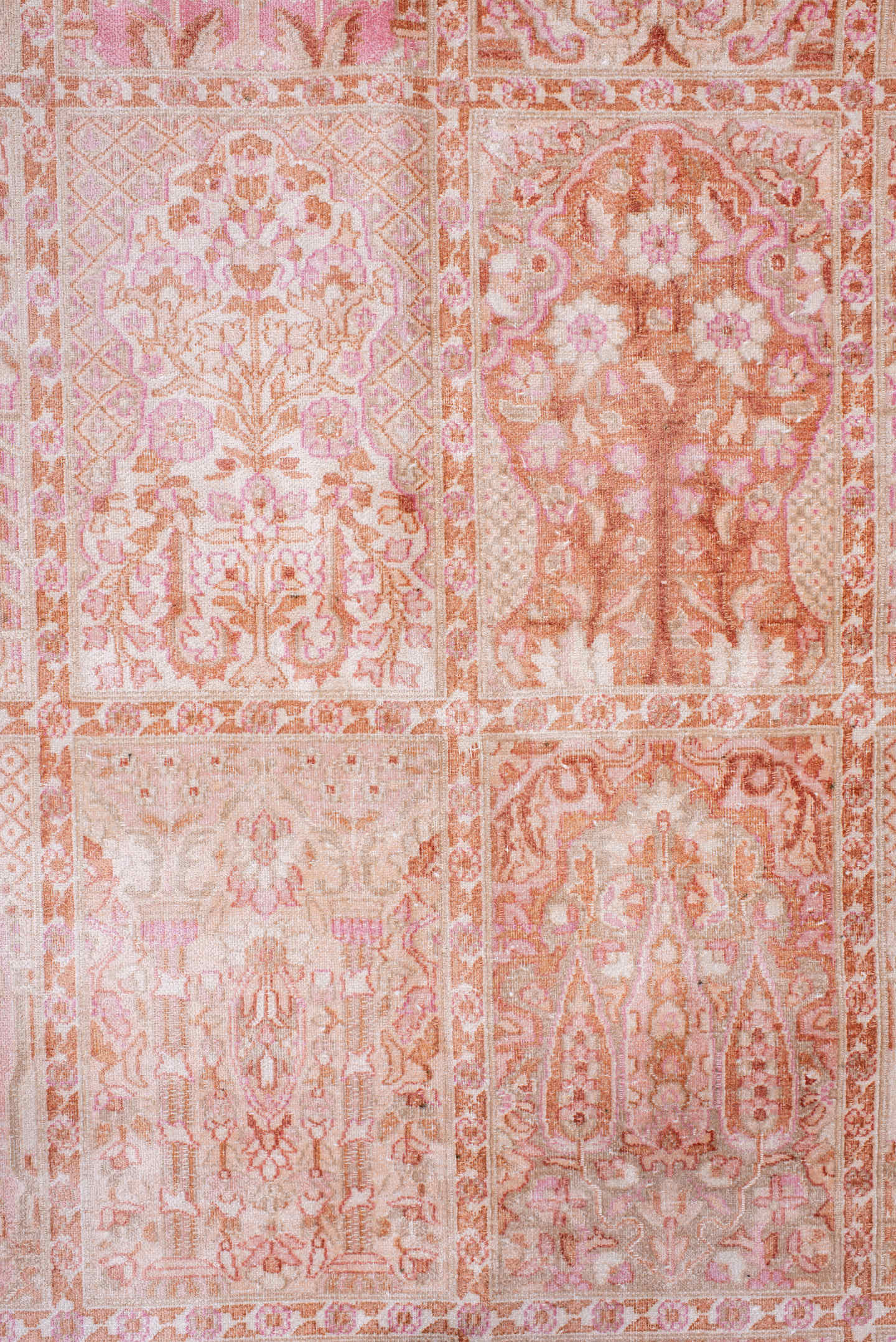 7' x 9' one-of-a-kind handmade antique Kashmir rug. Color palette: ivory, blush, rose, peach, salmon, taupe, pink, red