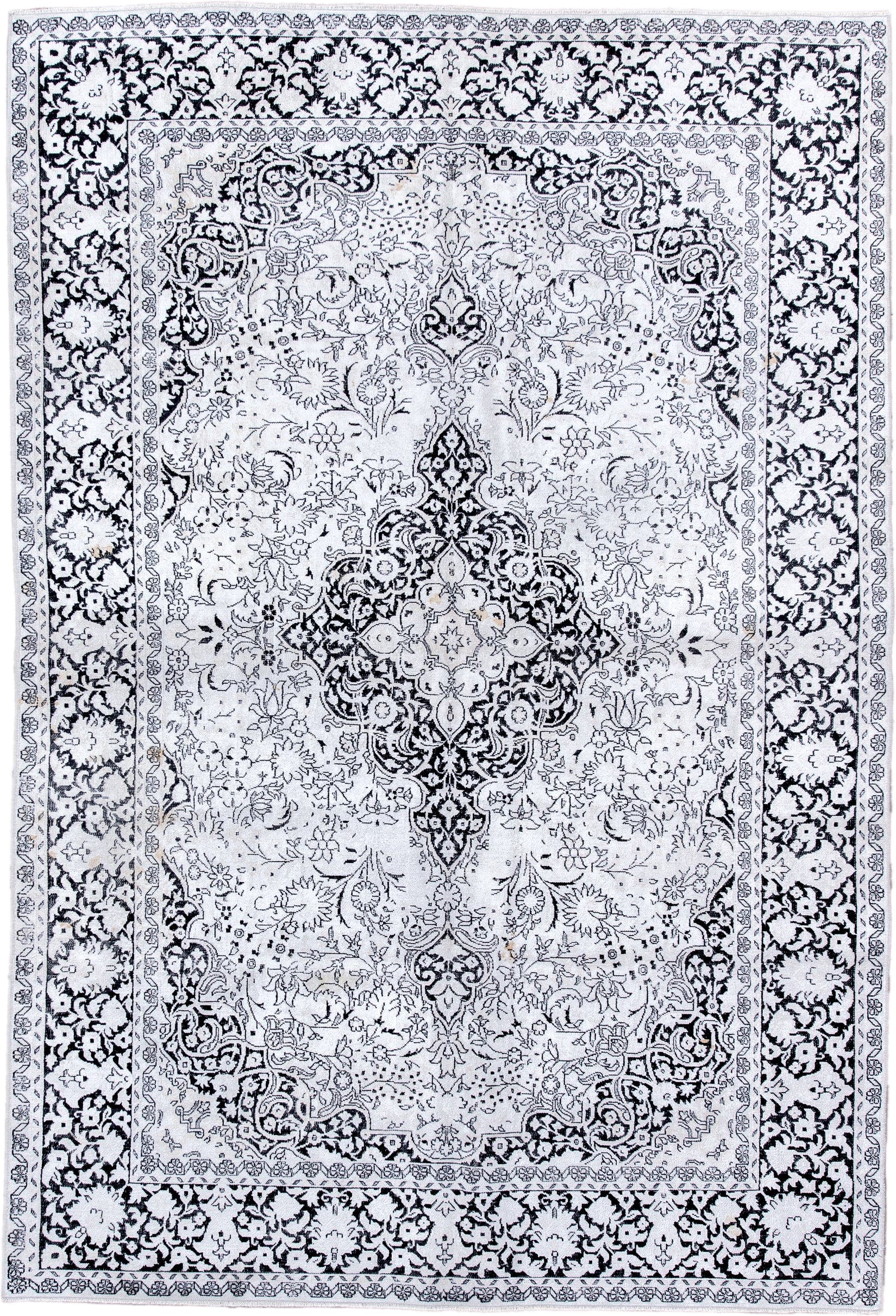 6' x 8' one-of-a-kind handmade antique Kaisary medium size rug. Color palette: ivory, charcoal, slate, taupe, gray, black