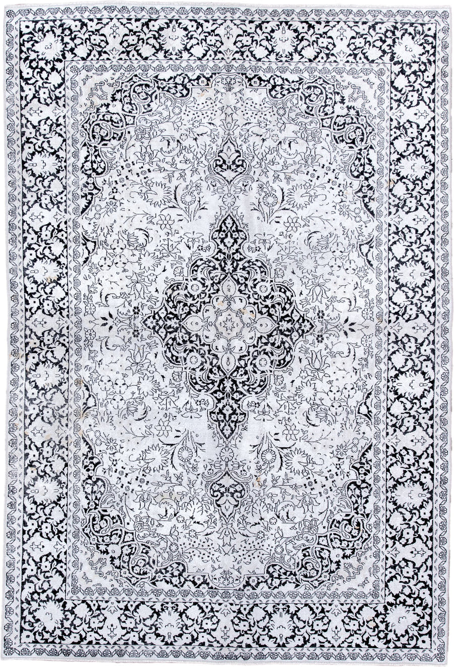 6' x 8' one-of-a-kind handmade antique Kaisary medium size rug. Color palette: ivory, charcoal, slate, taupe, gray, black