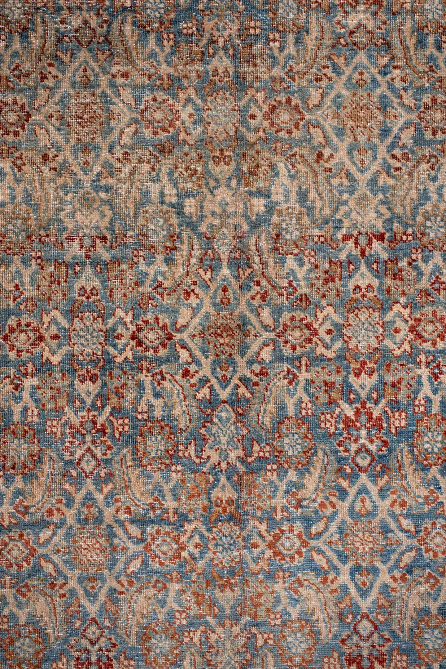 4' x 15' one-of-a-kind handmade antique Bidjar runner rug. Color palette: ivory, pale blue, rust, beige, tan, camel