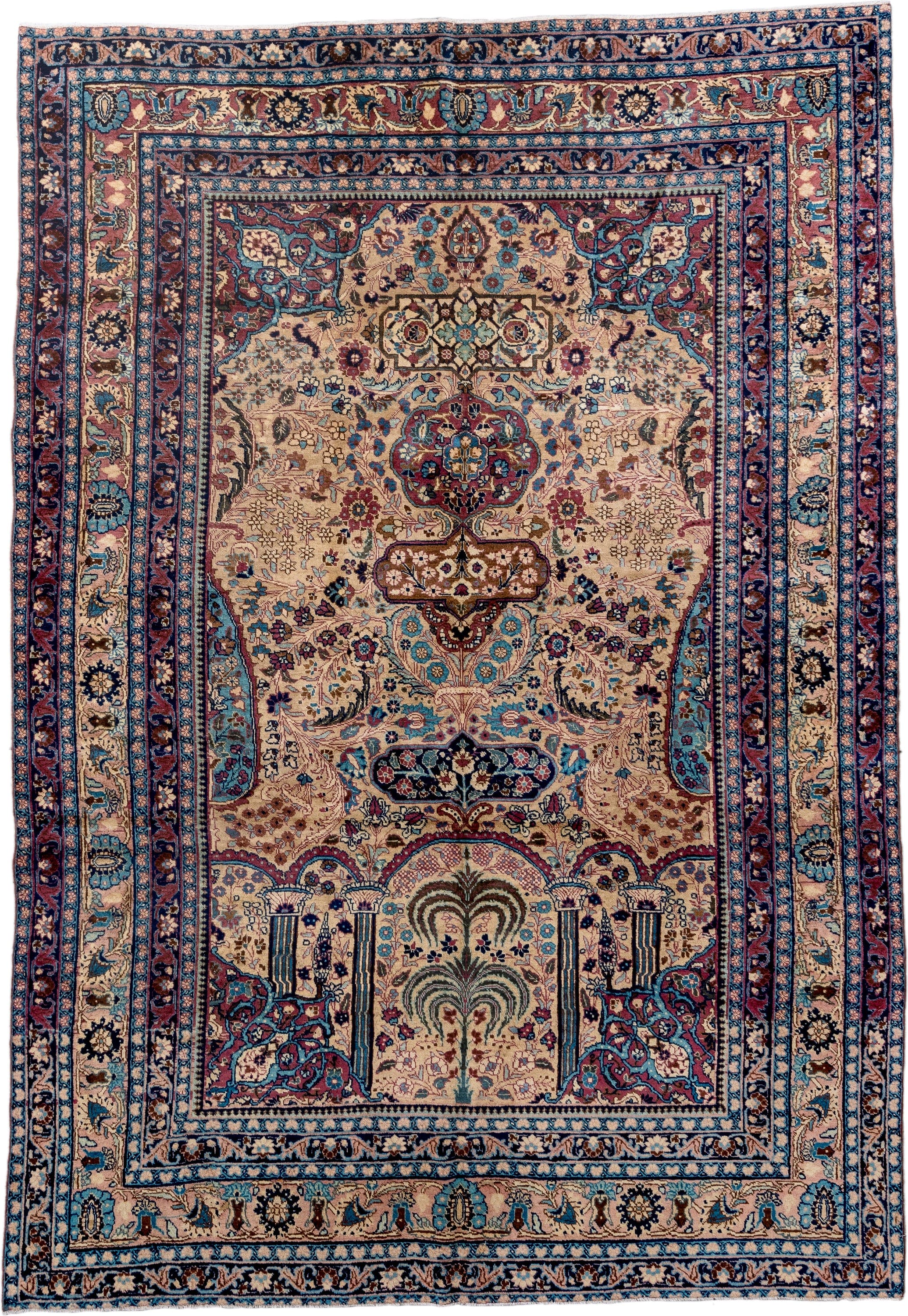 6' x 9' one-of-a-kind handmade antique Kerman medium size rug. Color palette: ivory, navy, turquoise, burgundy, rose, camel